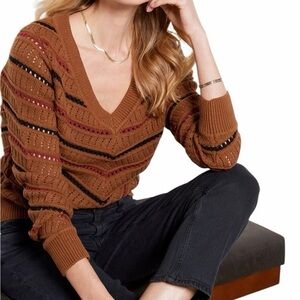 Evereve Sawyer Chevron Sweater Women XS Stripe Brown Cotton Academia Preppy Knit